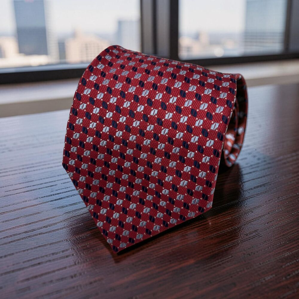 Nautica 100% Silk Men’s Tie Red Blue Gray Geometric Pattern 59.25'‎ X 3.75"